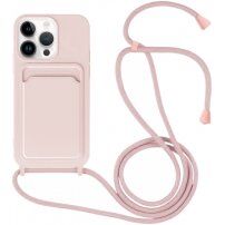 Silikónový kryt so šnúrkou a kapsou na karty pre iPhone 14 Pro - ružový