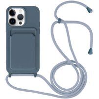 Silikónový kryt so šnúrkou a kapsou na karty pre iPhone 14 Pro Max - modrý