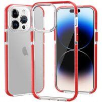 Transparentný kryt s farebným rámom z mäkkého plastu pre iPhone 14 Pro - červený