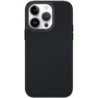Kožený kryt s pokoveným rámčekom pre iPhone 14 Pro Max - čierny