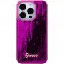 Guess Sequin Script Logo kryt s flitrami pre iPhone 15 Pro - fuksiový