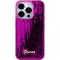 Guess Sequin Script Logo kryt s flitrami pre iPhone 15 Pro - fuksiový