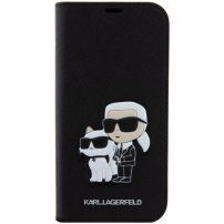 Karl Lagerfeld Saffiano Karl and Choupette NFT flipové puzdro pre iPhone 15 Plus - čierne