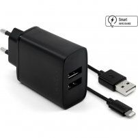 FIXED sieťová nabíjačka 15W 2xUSB s USB-A/Lightning káblom - MFi na iPhone/iPad - čierna