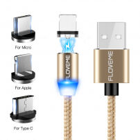 FLOVEME Round magnetický kábel s USB-C/Micro USB/Lightning pre iPhone / iPad / iPod / AirPods - 1 m - zlatá