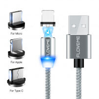 FLOVEME Round magnetický kábel USB-A / USB-C/Micro USB/Lightning pre iPhone / iPad / iPod / AirPods - 1 m - strieborná