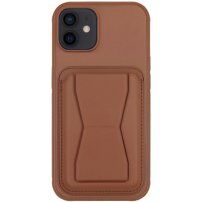 Kožený kryt s vreckom na karty a výklopným stojanom na iPhone 11 - hnedý