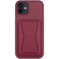 Kožený kryt s vreckom na karty a výklopným stojanom na iPhone 11 - vínový