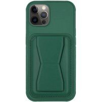 Kožený kryt s vreckom na karty a výklopným stojanom na iPhone 11 Pro - tmavozelený