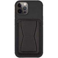 Kožený kryt s vreckom na karty a výklopným stojanom na iPhone 11 Pro Max - čierny
