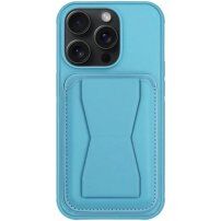Kožený kryt s vreckom na karty a výklopným stojanom na iPhone 13 Pro Max - modrý