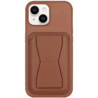 Kožený kryt s vreckom na karty a výklopným stojanom na iPhone 14 - hnedý