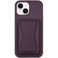 Kožený kryt s vreckom na karty a výklopným stojanom na iPhone 14 - tmavofialový