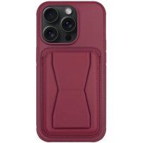Kožený kryt s vreckom na karty a výklopným stojanom na iPhone 14 Pro Max - vínový