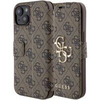 Guess 4G Metal Logo flipové puzdro na iPhone 15 - hnedé