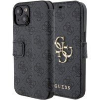 Guess 4G Metal Logo flipové puzdro na iPhone 15 - šedé