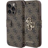 Guess 4G Metal Logo flipové puzdro na iPhone 15 Pro - hnedé