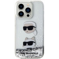 Karl Lagerfeld Liquid Glitter Karl and Choupette Head kryt na iPhone 15 Pro Max - strieborný