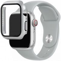 Silikónový remienok s puzdrom s tvrdeným sklom pre Apple Watch 45mm / 44mm - svetlosivý