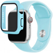 Silikónový remienok s puzdrom s tvrdeným sklom pre Apple Watch 45mm / 44mm - svetlomodrý