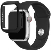 Silikónový remienok s puzdrom s tvrdeným sklom pre Apple Watch 45mm / 44mm - čierny