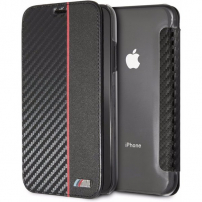 BMW Carbon Red Stripe Book puzdro pre iPhone XR – čierna