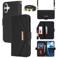Flipové puzdro s popruhom v štýle listovej kabelky pre iPhone 16 Plus - čierne