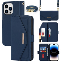 Flipové puzdro s popruhom v štýle listovej kabelky pre iPhone 15 Pro - tmavo modré