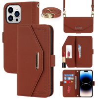 Flipové puzdro s popruhom v štýle listovej kabelky pre iPhone 15 Pro - hnedé