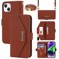 Flipové puzdro s popruhom v štýle listovej kabelky pre iPhone 15 - hnedé