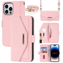 Flipové puzdro s popruhom v štýle listovej kabelky pre iPhone 15 Pro Max - ružové