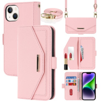 Flipové puzdro s popruhom v štýle listovej kabelky pre iPhone 15 - ružové