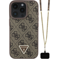 Guess 4G Strass Triangle Metal Logo kryt s popruhom pre iPhone 16 Pro Max - hnedý