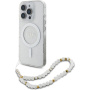 Guess IML Glitter Beads Strap kryt s pútkom a MagSafe pre iPhone 16 Pro Max - strieborný