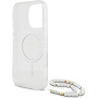 Guess IML Glitter Beads Strap kryt s pútkom a MagSafe pre iPhone 16 Pro Max - strieborný