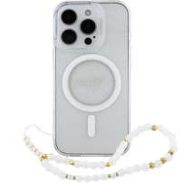 Guess IML Glitter Beads Strap kryt s pútkom a MagSafe pre iPhone 16 Pro Max - strieborný