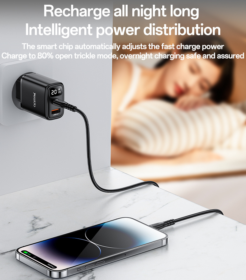Yesido YC68 nabíjací adaptér s displejom a portami USB-C / USB-A - 20W - čierny