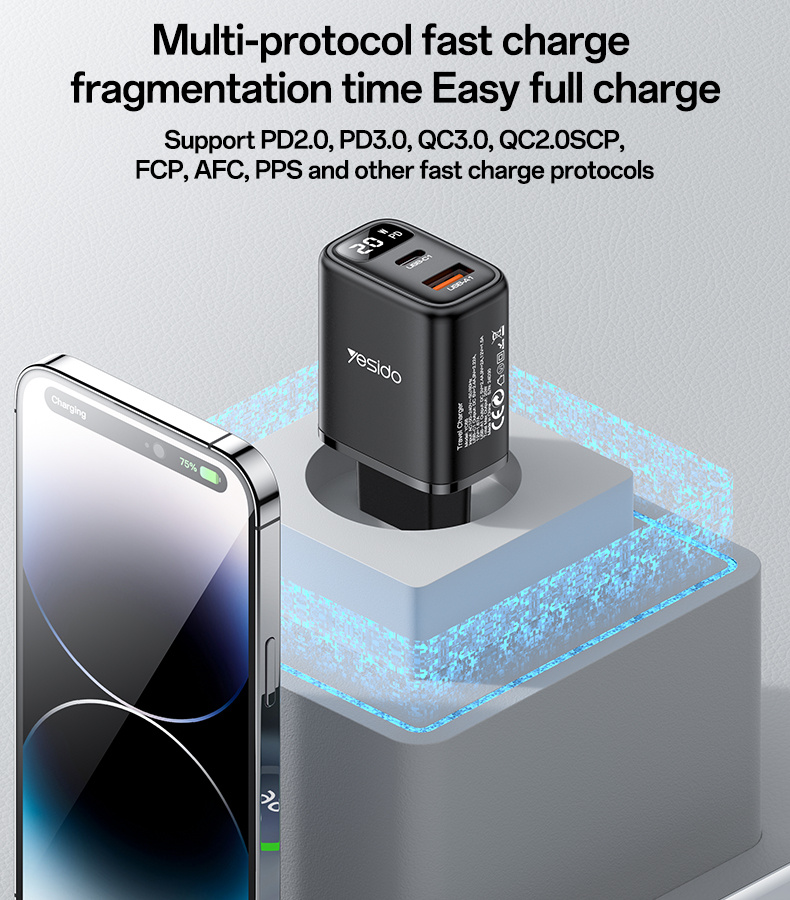 Yesido YC68 nabíjací adaptér s displejom a portami USB-C / USB-A - 20W - čierny Yesido YC68 nabíjací adaptér s displejom a portami USB-C / USB-A - 20W - čierny