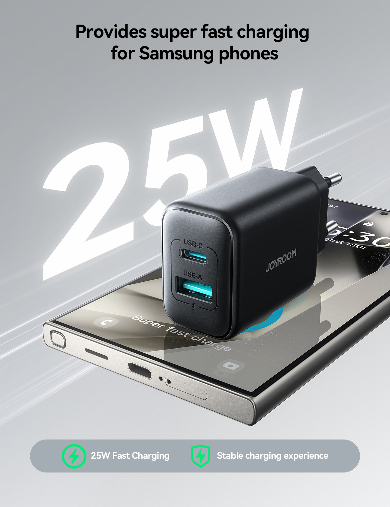 JOYROOM JR-TCF13 rýchlonabíjací adaptér s portami USB-C / USB-A - 25W - čierny
