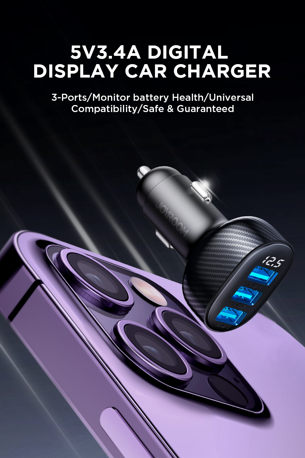 JOYROOM CCD03 autonabíjačka s displejom a portami 3x USB-A - 17W - čierna JOYROOM CCD03 autonabíjačka s displejom a portami 3x USB-A - 17W - čierna