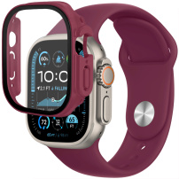 Silikónový remienok s puzdrom s tvrdeným sklom pre Apple Watch Ultra 49mm - vínový