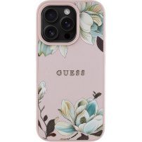 Guess Grained Magnolia kryt so vzorom kvetov a MagSafe pre iPhone 16 Pro - ružový