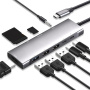 YME68 9v1 hub - slot na SD / TF kartu / HDMI / 3,5 mm jack / 2x USB-C / 3x USB-A na USB-C pre MacBook - sivý