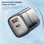 Toocki TCT33 GaN rýchlonabíjací adaptér s displejom a portami USB-C / USB-A - 33W - čierny