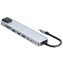 BYL-2017L 8v1 hub - slot na SD / TF kartu / RJ45 / HDMI / 2x USB-C / 2x USB-A na USB-C - sivý
