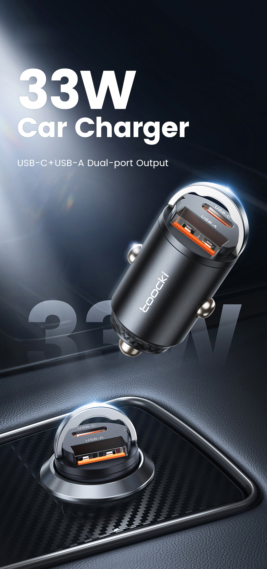 Toocki TQ-CC34A mini autonabíjačka s portami USB-C / USB-A - 30W - čierna