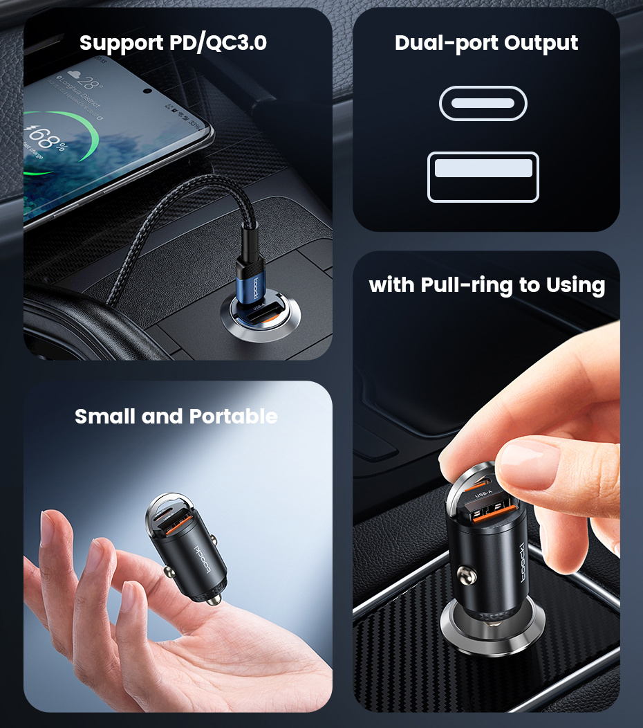 Toocki TQ-CC34A mini autonabíjačka s portami USB-C / USB-A - 30W - čierna