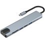 BYL-2017L 8v1 hub - slot na SD / TF kartu / RJ45 / HDMI / 2x USB-C / 2x USB-A na USB-C - sivý