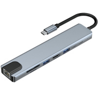 BYL-2017L 8v1 hub - slot na SD / TF kartu / RJ45 / HDMI / 2x USB-C / 2x USB-A na USB-C - sivý