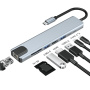 BYL-2017L 8v1 hub - slot na SD / TF kartu / RJ45 / HDMI / 2x USB-C / 2x USB-A na USB-C - sivý